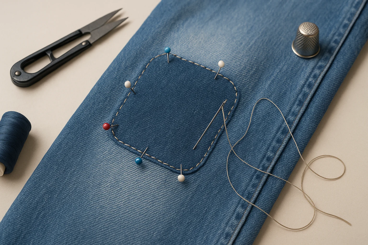 securing an iron-on denim patch and stitching around the edge to reinforce high-wear knees and keep the mend durable and tidy for everyday use