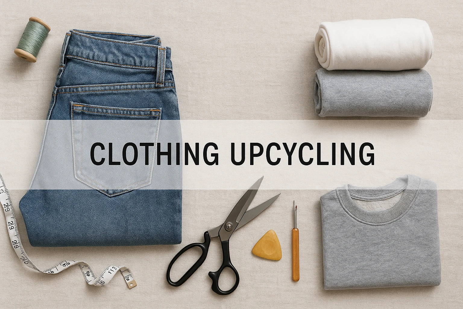 Hero banner showing clothing upcycling—turn old jeans and tees into fresh looks with no-sew tricks and simple stitching.