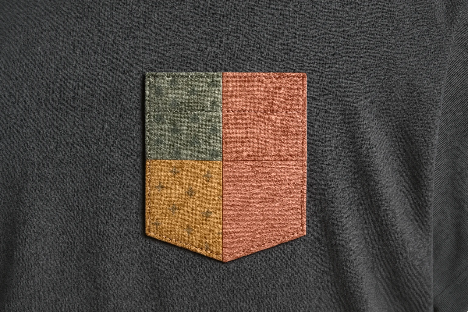 Close-up of a patchwork pocket on a tee with neat topstitching, pressed seams, and contrast fabric for personality.