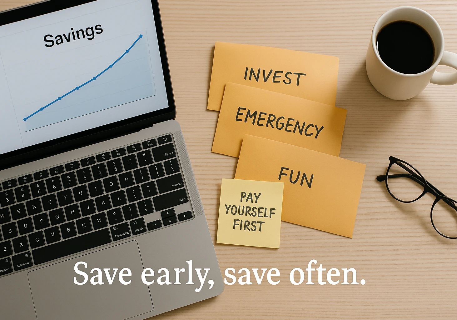 Daily habit quote promoting saving and investing for financial freedom