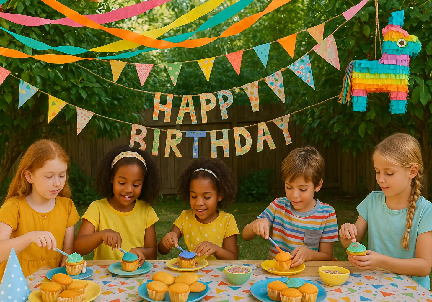 Kids celebrating a budget-friendly DIY birthday party outdoors