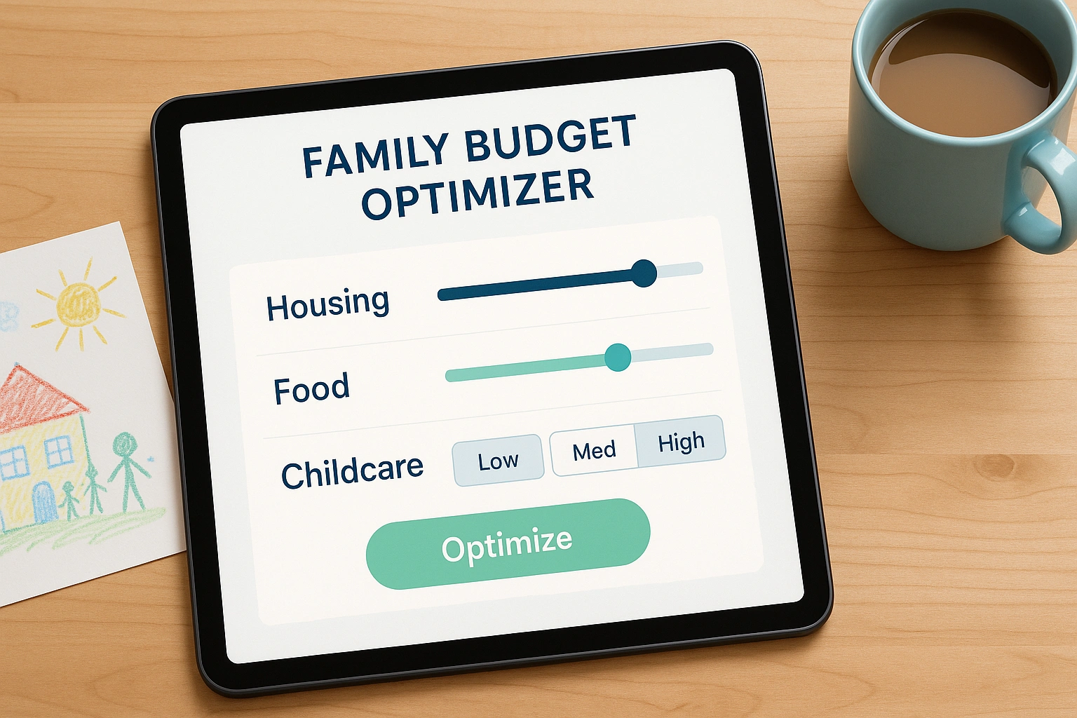 Tablet screen showing family budget optimizer tool with labeled categories