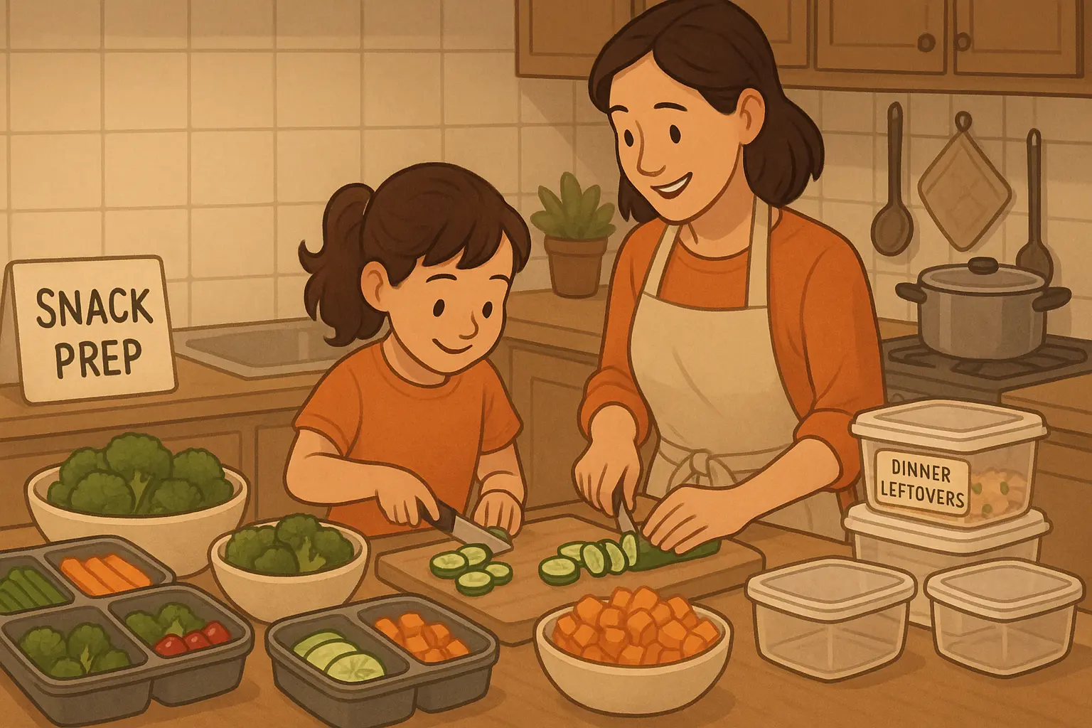 Parent and child batch cooking together for frugal weekly meal prep