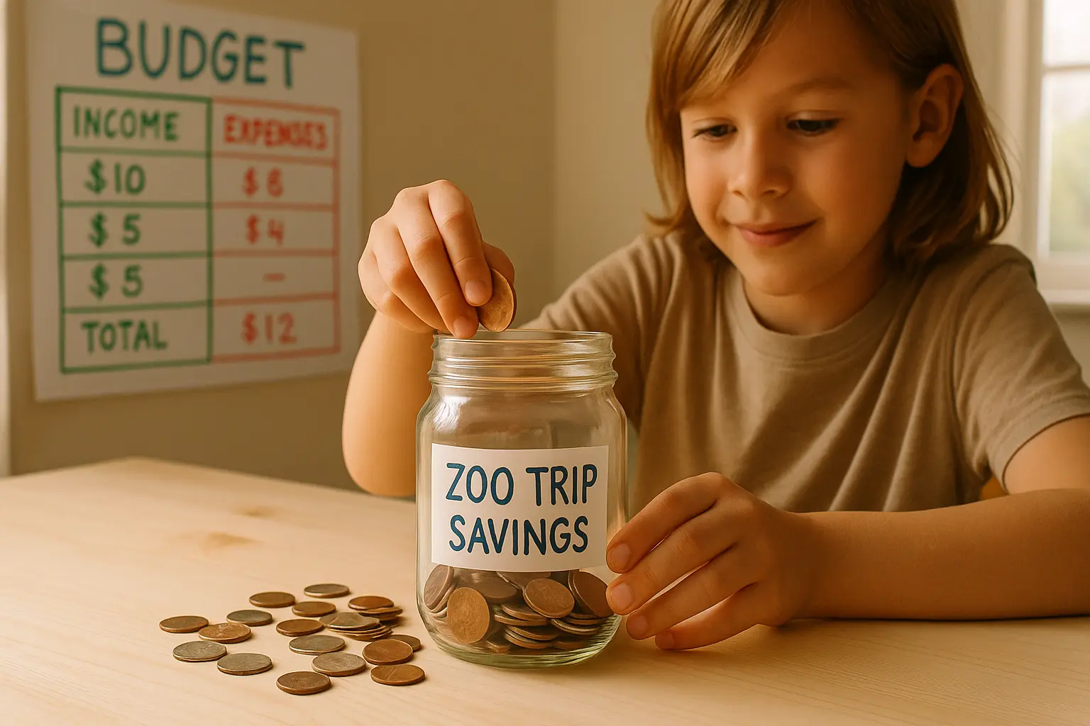 Child placing coins in a savings jar labeled Zoo Trip Savings with a simple budget chart