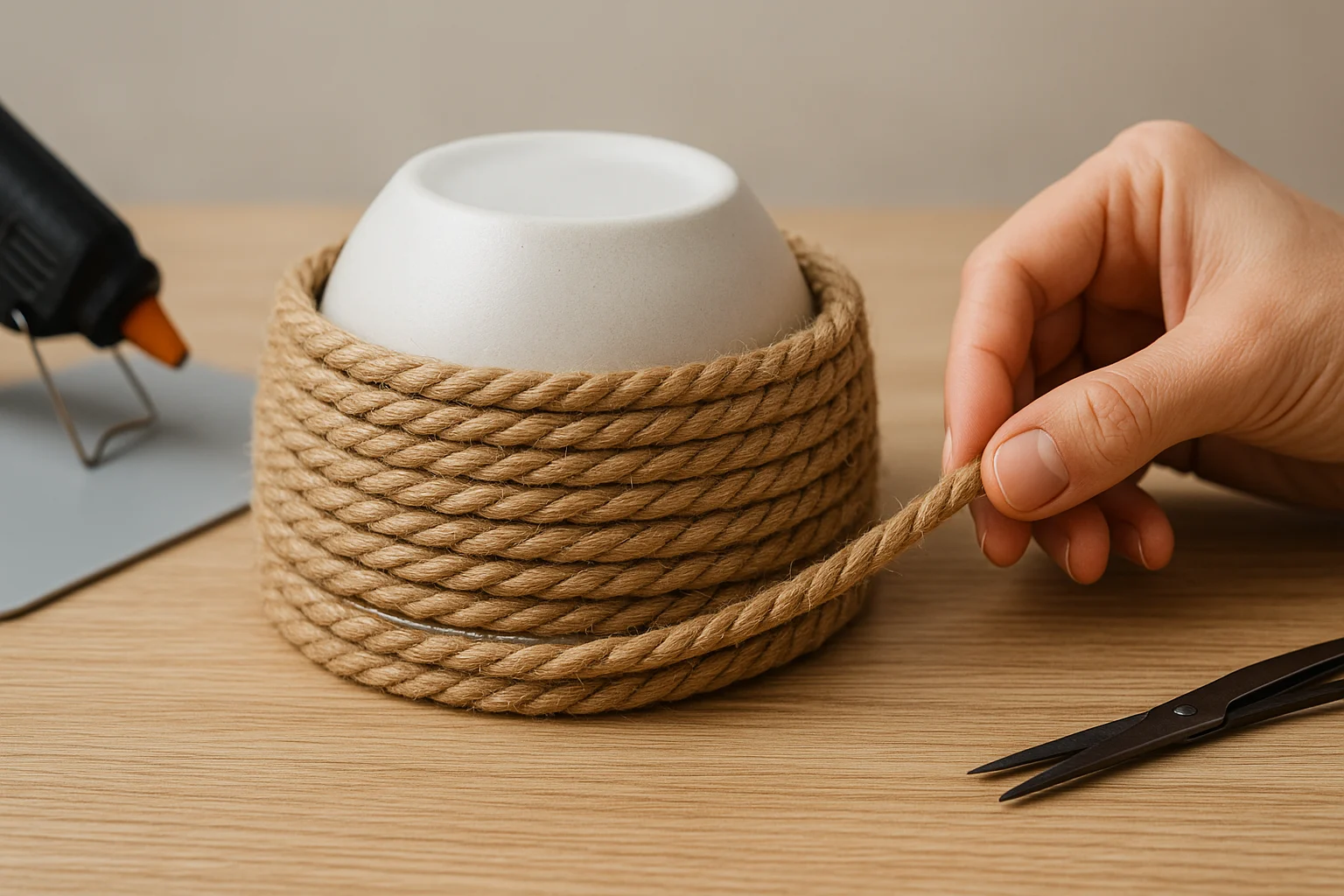 Coil natural jute around a small bowl to form a tidy basket, gluing each round so the walls keep a clean, modern shape.