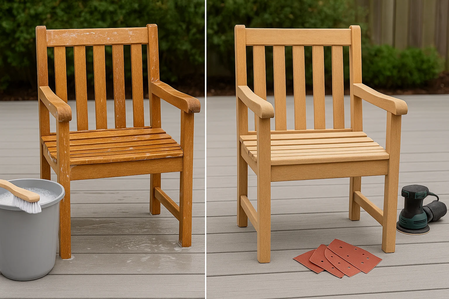 Wash a weathered chair, rinse well, then scuff-sand to add tooth so primer bonds cleanly and the final finish resists peeling outdoors.