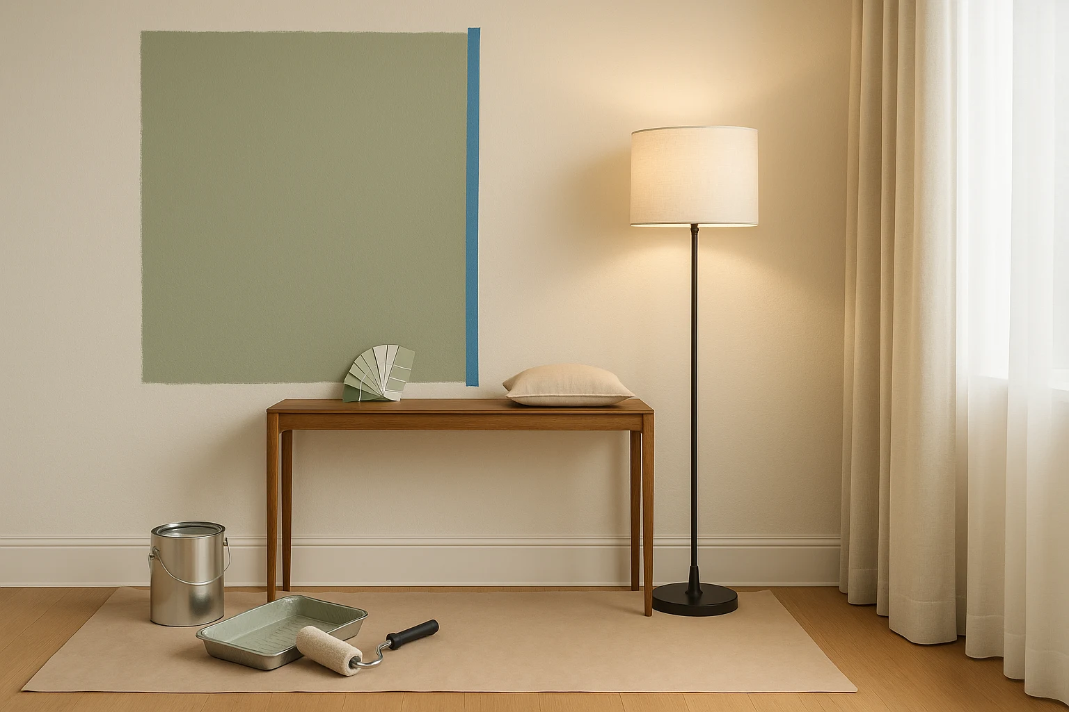 Layer paint, lighting, and textiles to transform a plain room into a polished space; start with walls, add warm bulbs, and finish with curtains for a designer vibe.