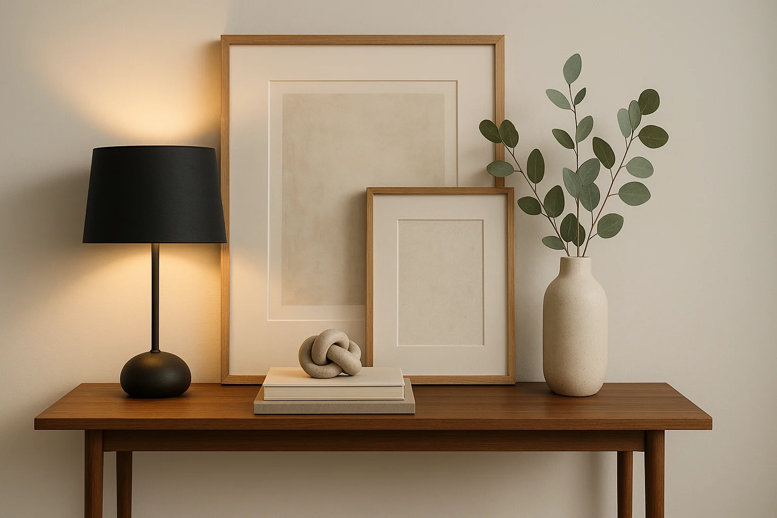 Elevate a simple vignette with balanced symmetry, a matte black lamp, and layered textures to achieve a high-end feel on a small budget.