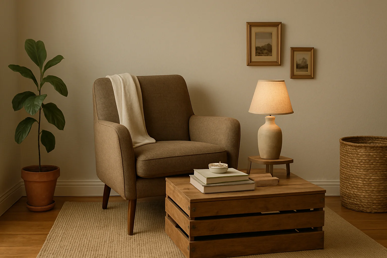 Style a cozy living corner with a crate coffee table, stacked books, and a thrifted lamp to add warmth and storage without a big budget.