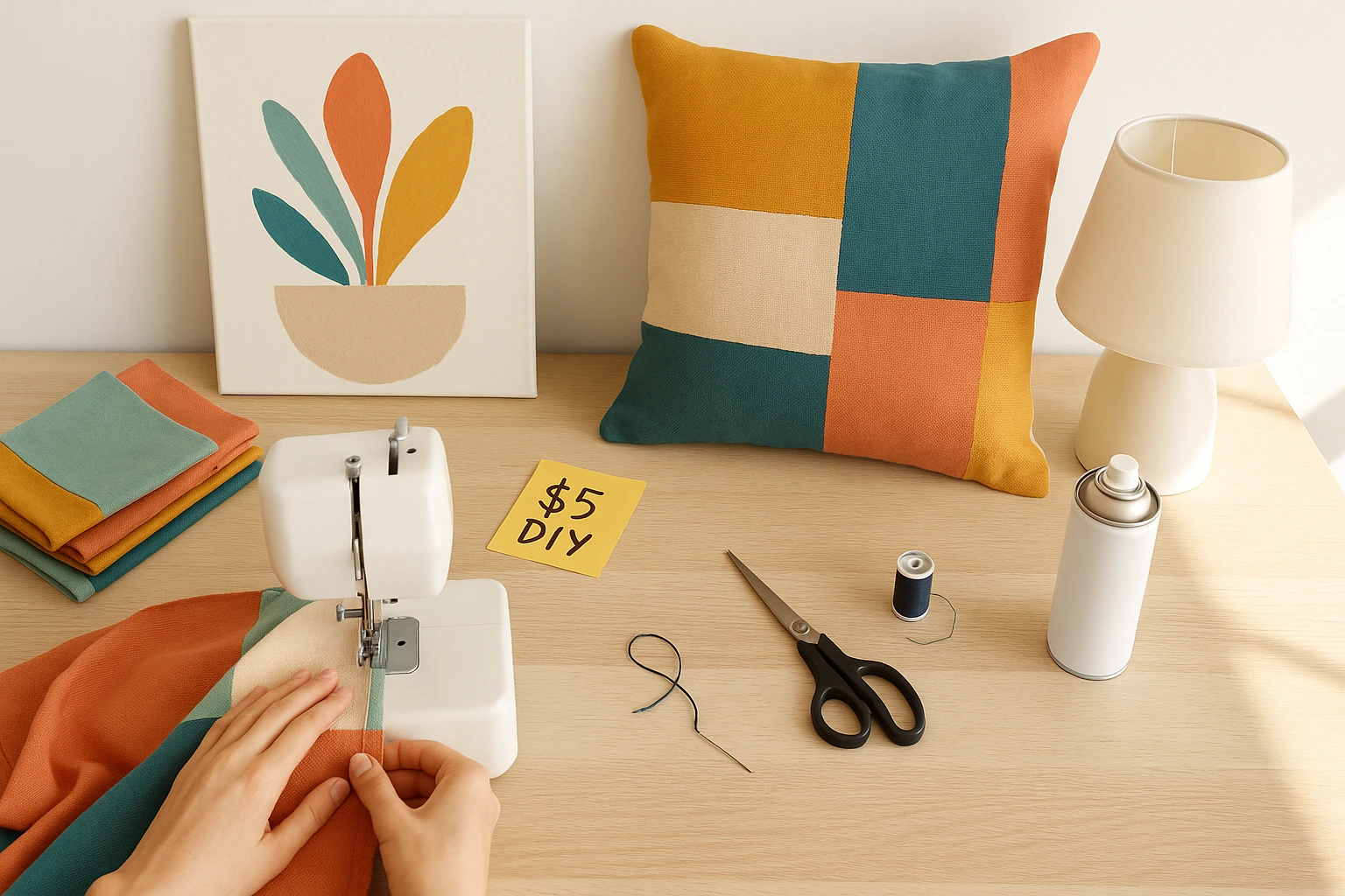 DIY wall art and throw pillows for frugal home furnishing