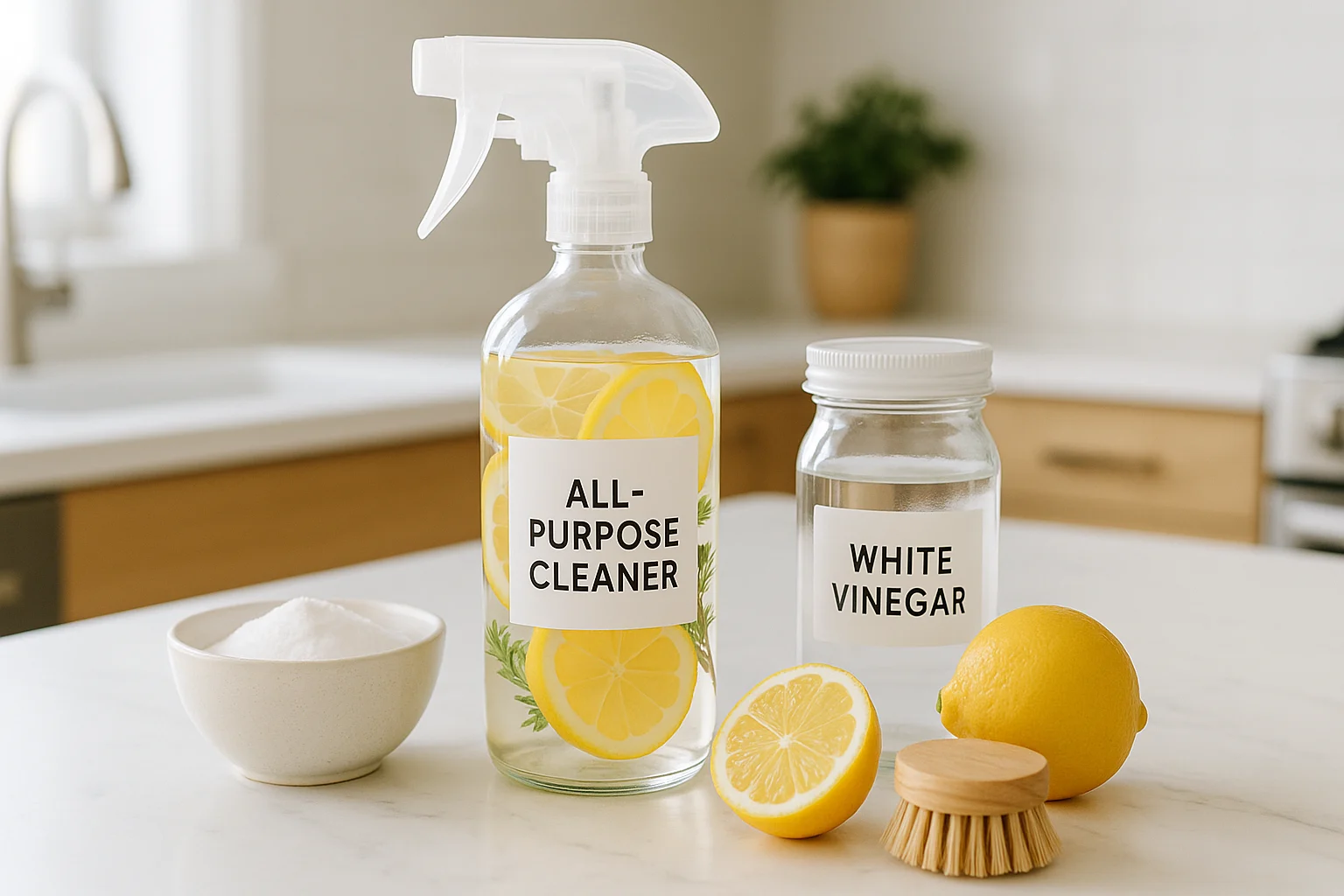 homemade cleaning solutions with vinegar and lemon on a kitchen counter