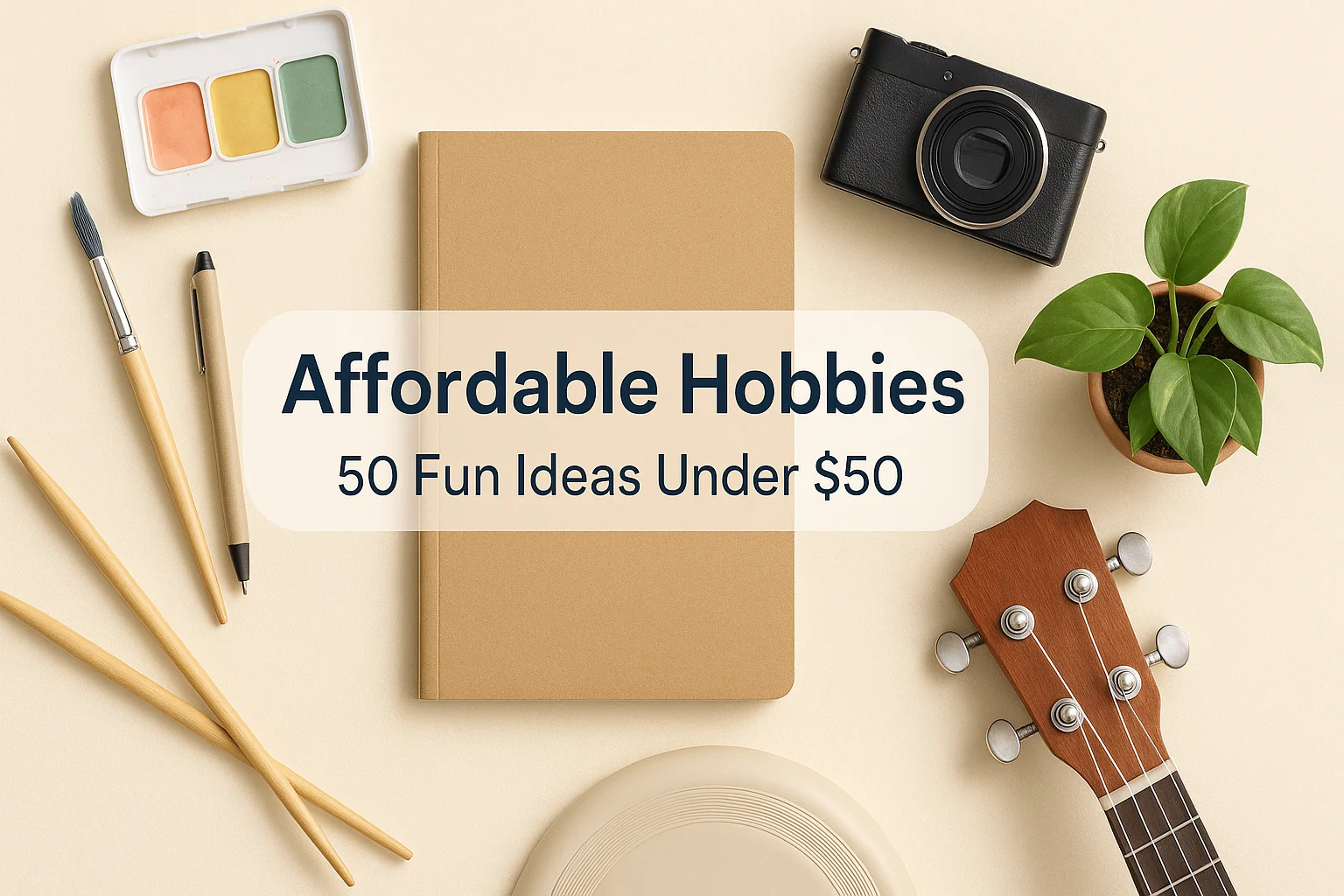 Start affordable hobbies with a notebook, camera, watercolors, and a ukulele on a tidy desk so you can begin creative, low-cost projects today.