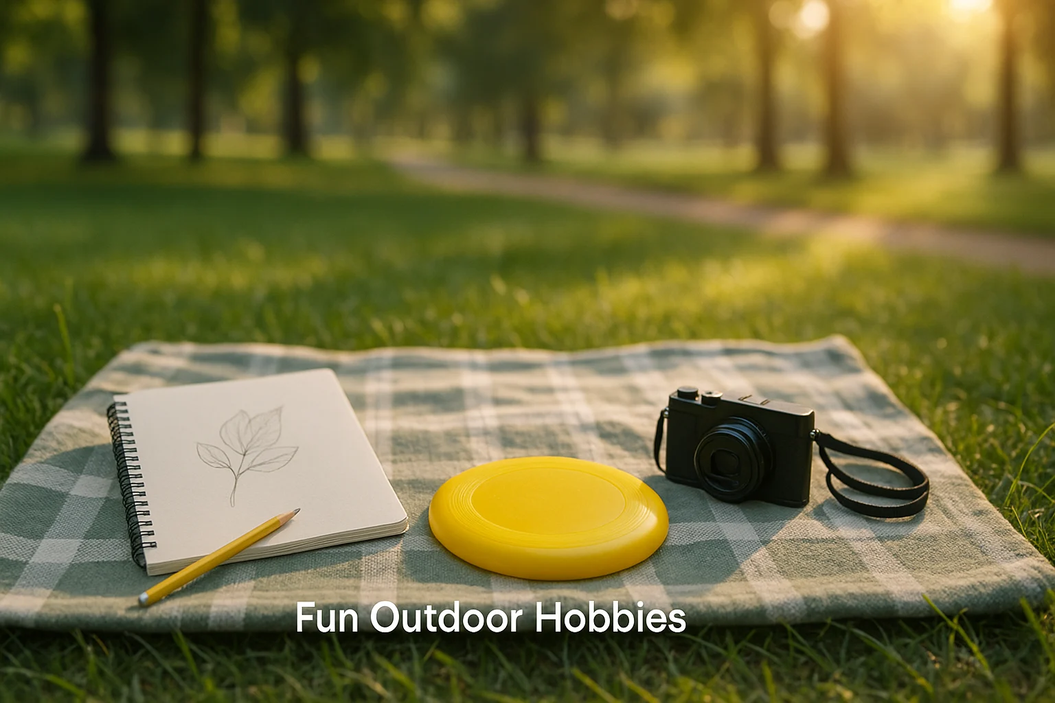 Plan fun outdoor hobbies on a picnic blanket with a sketchbook, pencil, frisbee, and camera at golden hour in a tree-lined park.