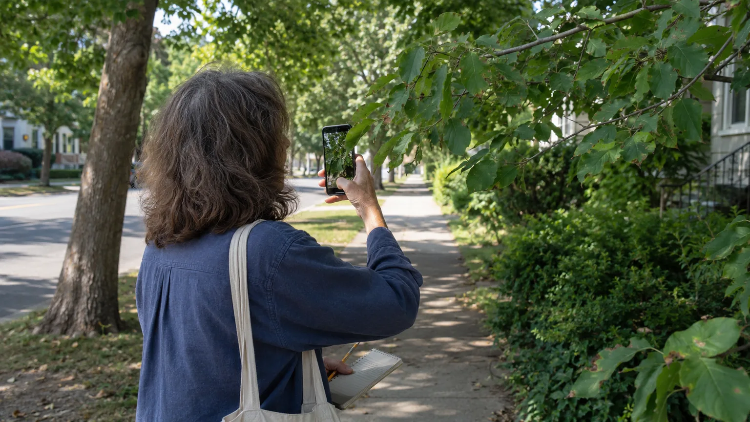 Person photographing leaves during a neighborhood walk with a phone and small notebook.