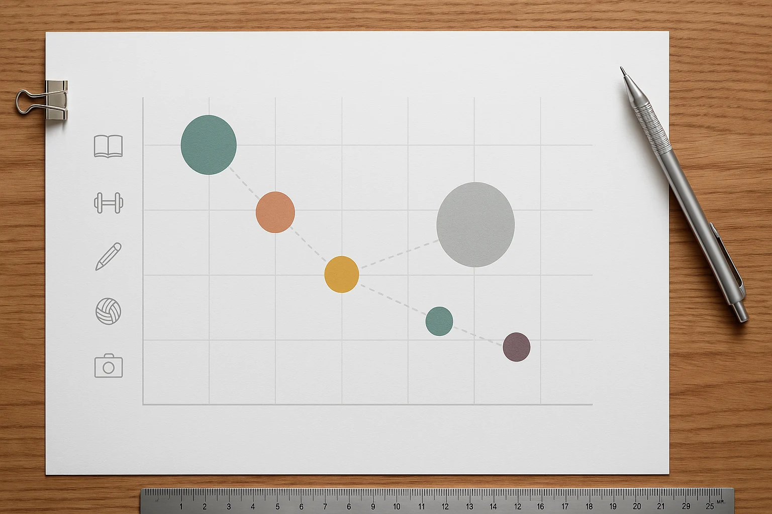Top-down view of a minimalist cost-per-hour matrix chart on white paper with colored circles, icons along the side, metal ruler at the bottom, and a mechanical pencil on a wooden desk