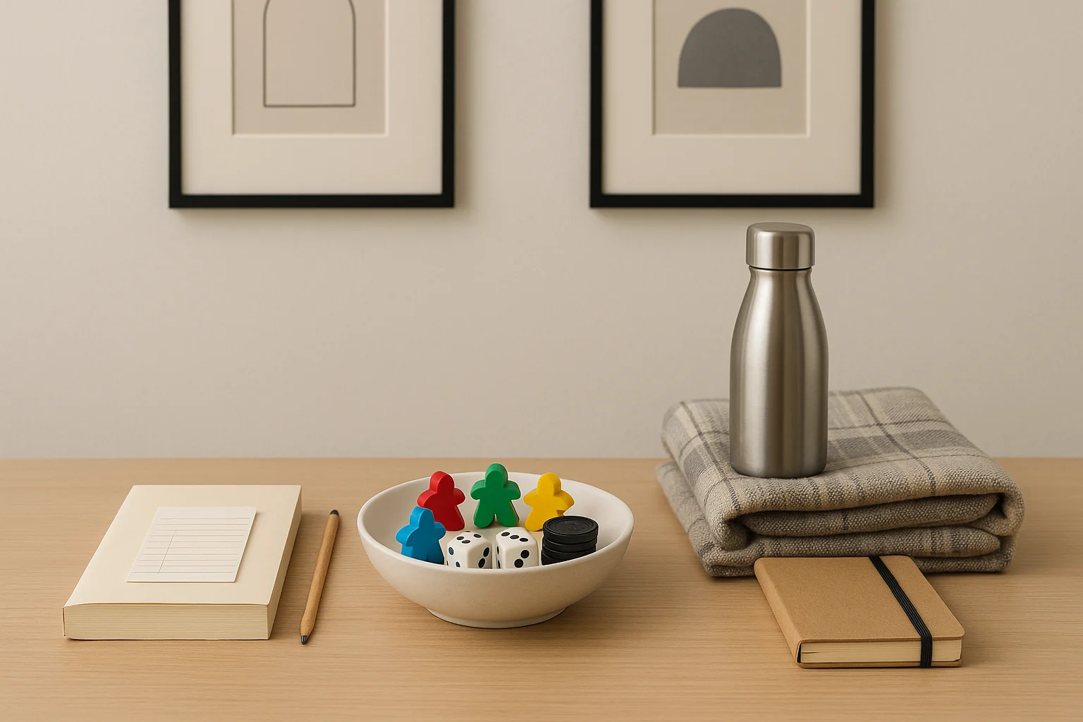 Minimalist tabletop arrangement symbolizing frugal entertainment at home, featuring a bowl with colorful board game pieces, dice, and tokens, alongside a book, pencil, folded blanket, stainless steel water bottle, and notebook against a neutral wall.