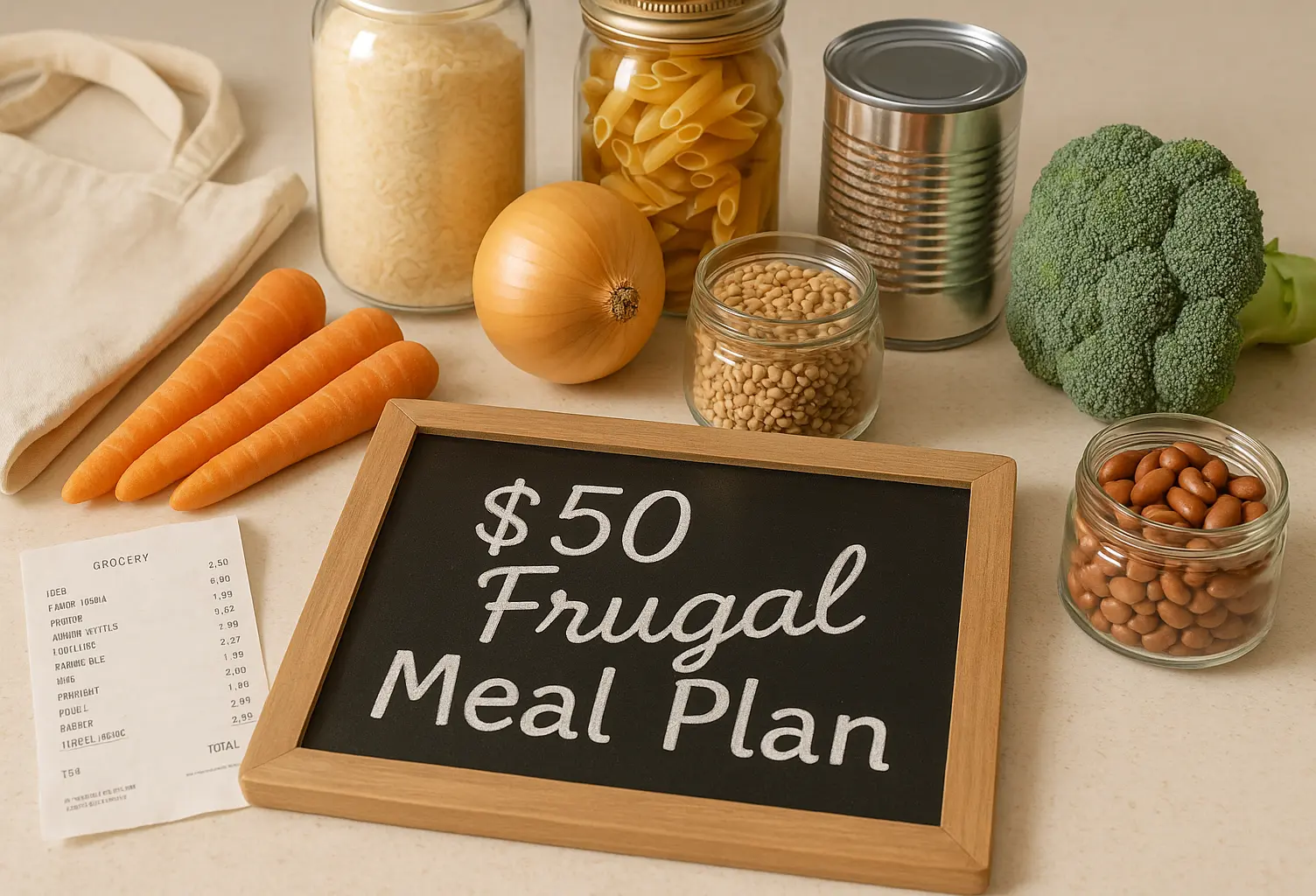 Frugal meal planning hero image with budget-friendly ingredients