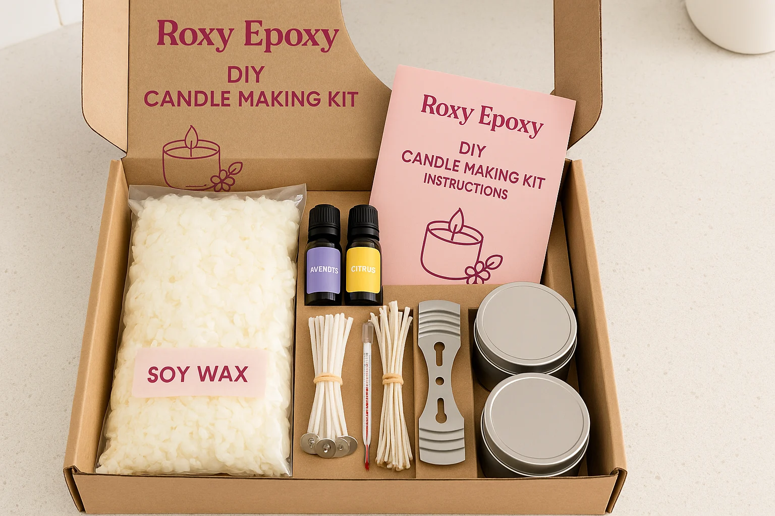 Unboxing the Roxy Epoxy DIY Candle Making Kit with organized contents
