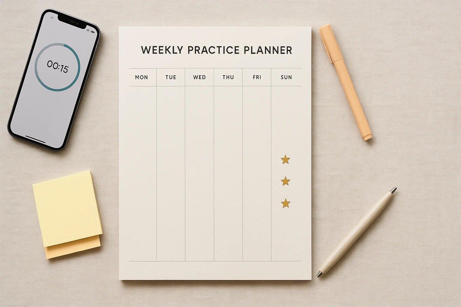 Lay out a weekly practice planner, track tiny wins, and adjust focus so each session moves you closer to a shipped project.