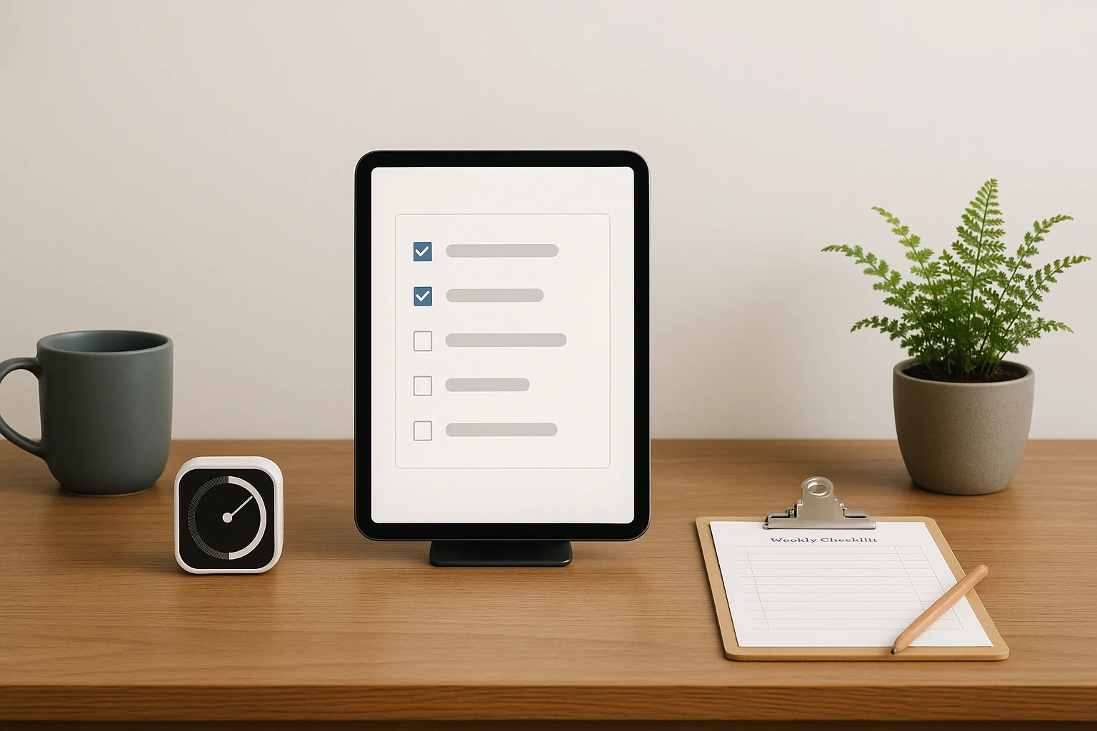 Set up a clean desk with a timer, notes app, and a weekly checklist so each study block starts fast and ends with a saved result.