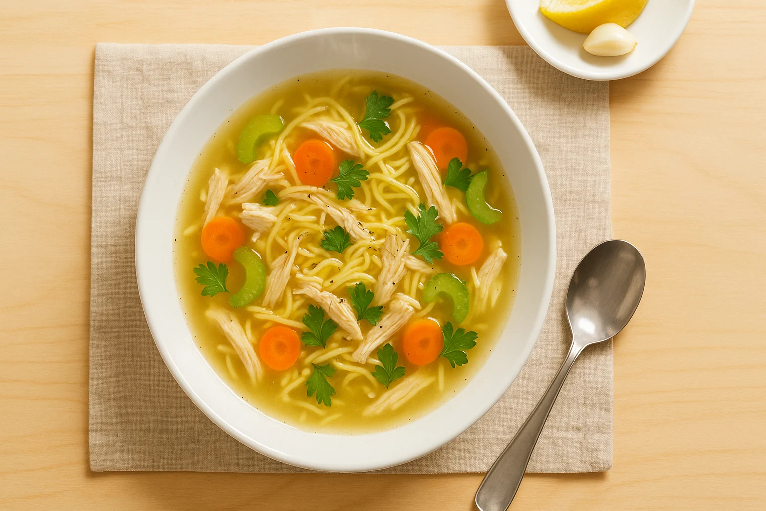 Simmer chicken soup with vegetables, garlic, and ginger to hydrate, warm a sore throat, and provide easy protein when appetite is low.