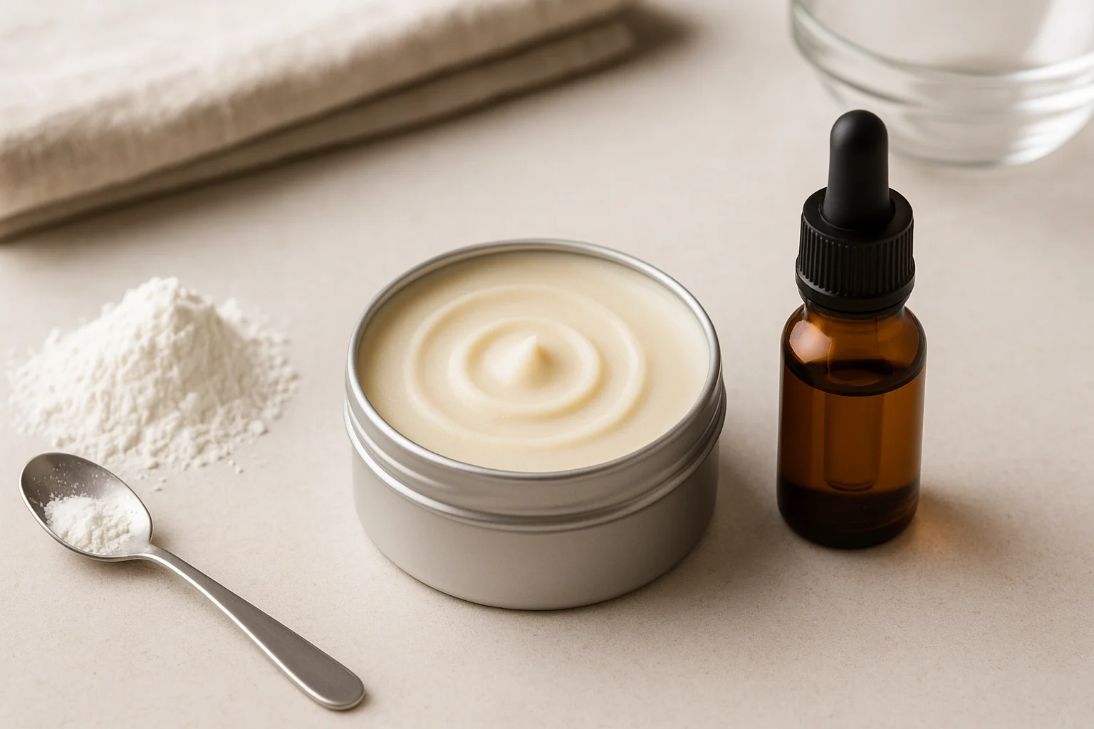 Measure coconut oil, baking soda, and shea butter with jars and spoons, then mix an aluminum-free deodorant at home.