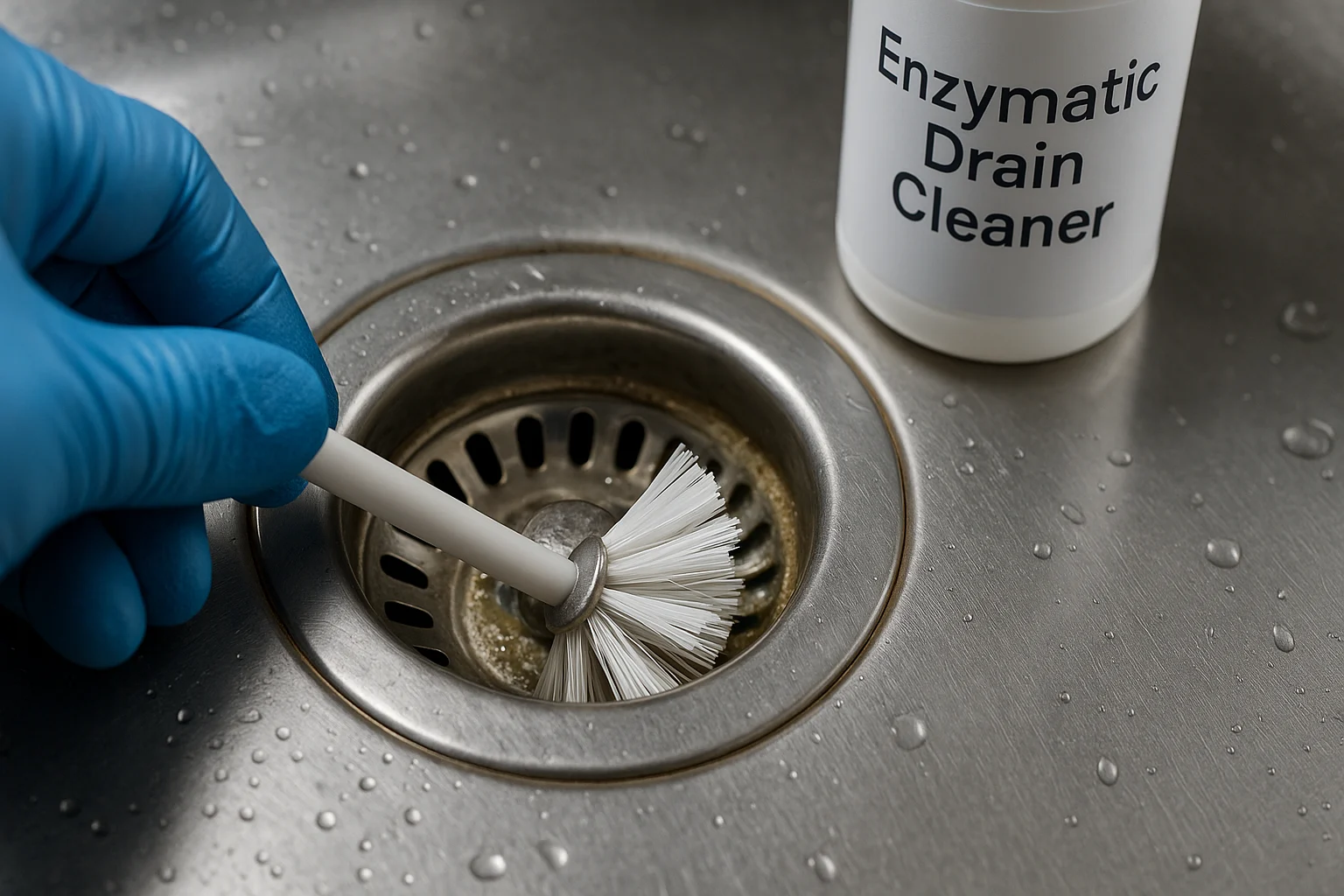 Scrub the sink drain with a stiff brush, then use an enzymatic cleaner to remove slimy film where drain flies breed.