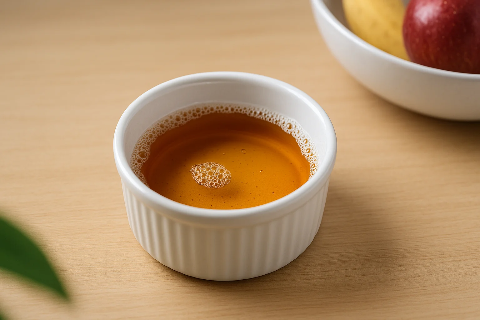 Pour apple cider vinegar and dish soap into a small bowl to build a quick fruit fly trap beside a ripening fruit bowl.