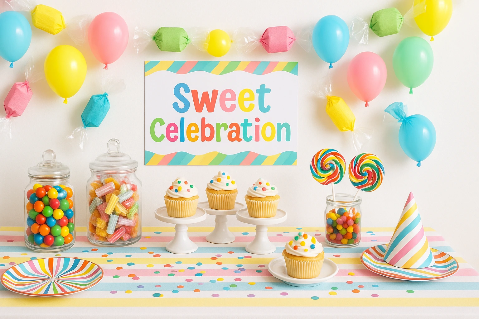 Colorful candy themed birthday party table setup
