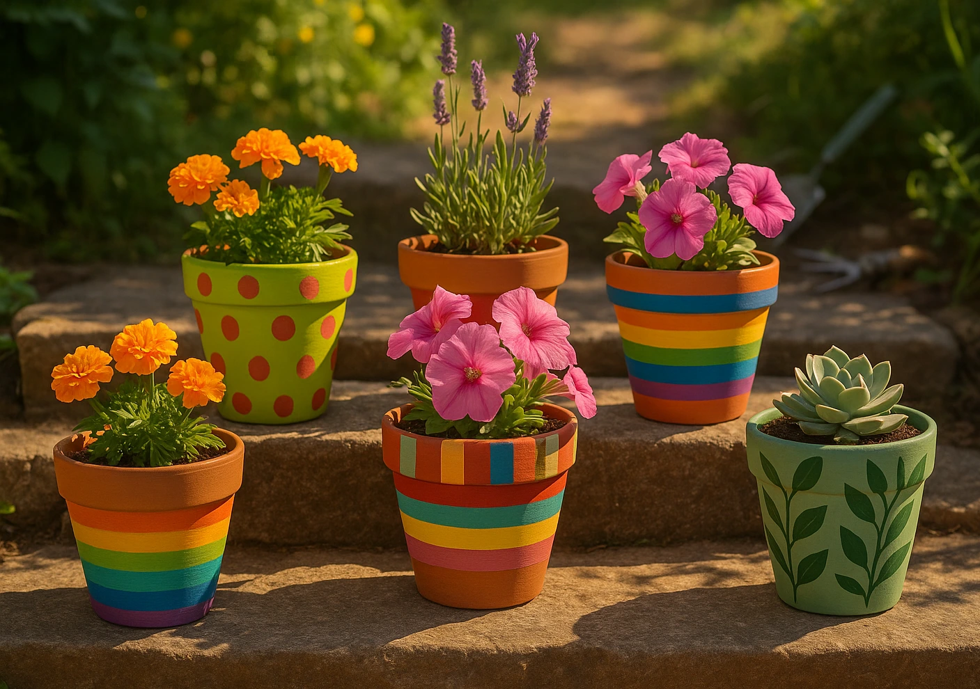 Colorful flower pots arranged on garden steps