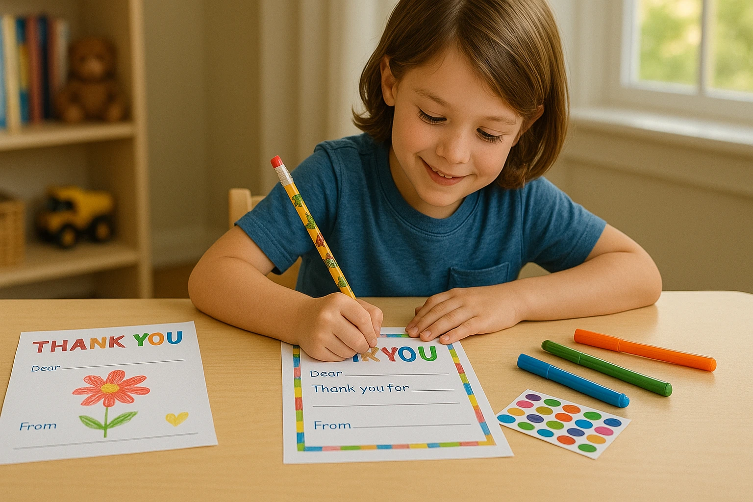 Child writing printable thank you notes