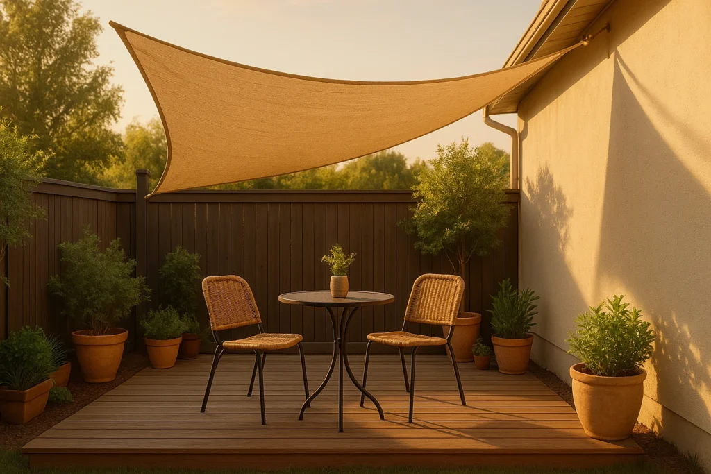 A cozy backyard patio features a small wooden deck with a round black metal table and two wicker chairs. Above, a beige triangular shade sail is stretched between the house and a wooden fence, casting soft shadows. The space is surrounded by terracotta potted plants and trees, creating a warm, inviting atmosphere in the golden light of late afternoon.
