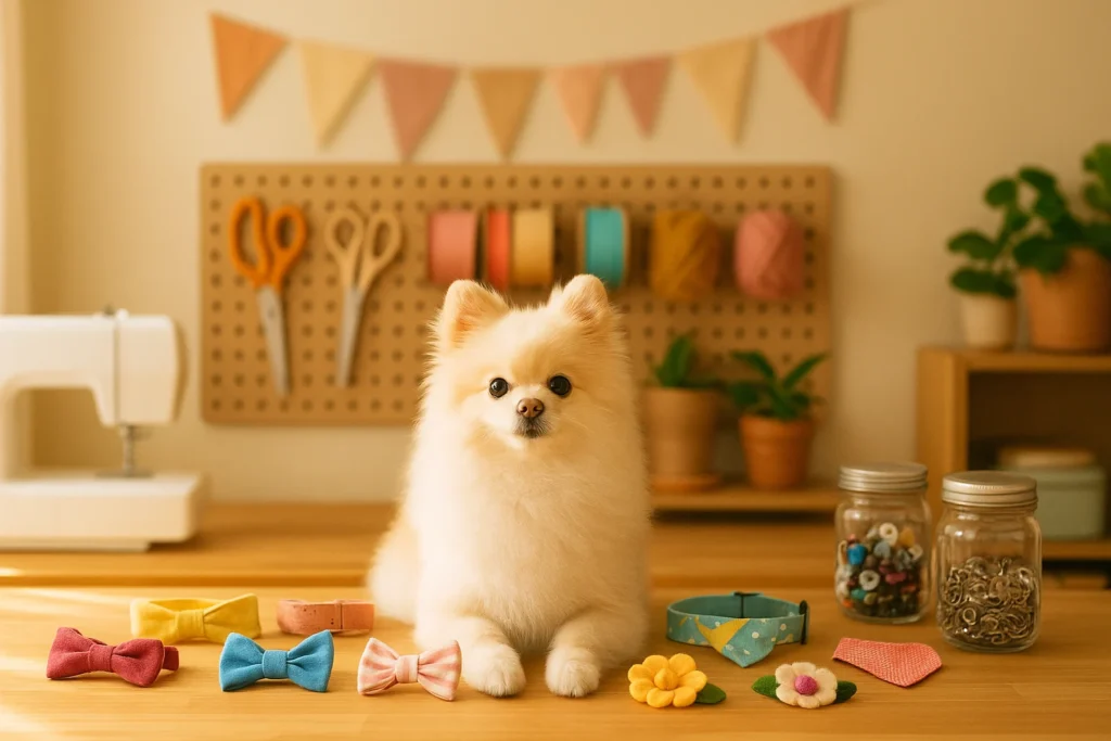 Fluffy Pomeranian dog sitting on a crafting table surrounded by handmade dog collar accessories, including colorful bows and felt flowers, with sewing supplies and plants in the background.
