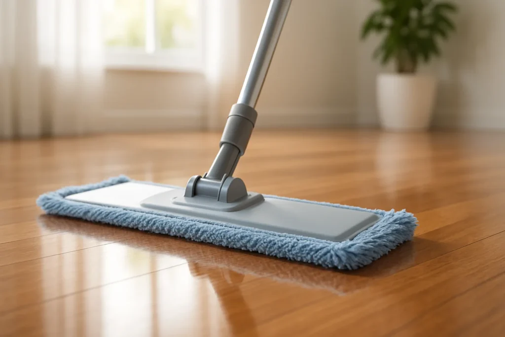 Close-up of a microfiber flat mop gliding over a shiny medium-tone hardwood floor in a bright, modern home interior, with a blurred background showing a sunlit window and a potted plant.