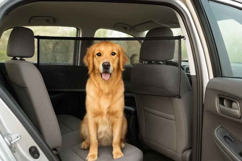 A golden retriever sitting upright in the center of a gray backseat of a silver sedan, fully behind a black mesh pet barrier stretched between the front seat headrests, viewed from the open rear passenger-side door in daylight.
