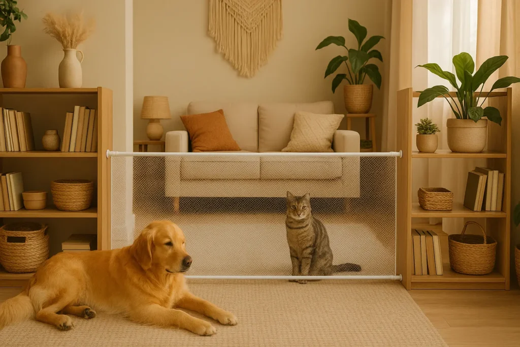 Golden retriever resting and tabby cat sitting behind a DIY mesh pet barrier in a cozy, boho-style living room with neutral tones and houseplants