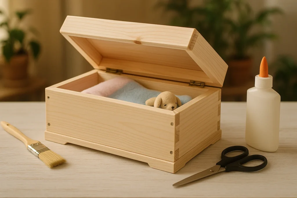 A handcrafted wooden pet casket sits open on a light wooden table, revealing a soft pastel blue and pink blanket inside with a small plush dog toy. Surrounding the casket are DIY crafting tools including a glue bottle, a pair of scissors, and a paintbrush. The background features softly blurred green potted plants, creating a warm and respectful setting.