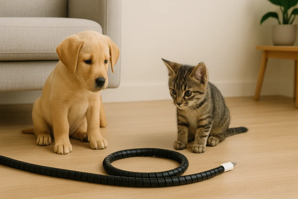Yellow Labrador puppy and tabby kitten curiously looking at a coiled black cable protector on a wooden floor in a cozy living room.