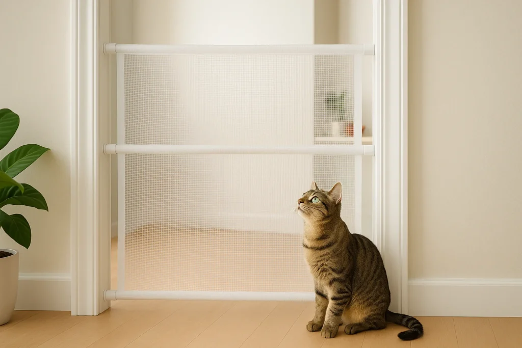 Indoor hallway with a DIY cat gate made of white PVC pipes and mesh fabric, fitted between two walls. A tabby cat sits in front of the gate looking upward. Neutral walls, laminate floor, and a small plant on the left side