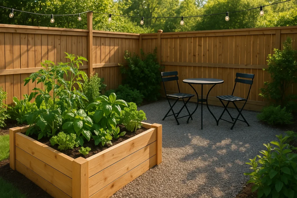 Cozy backyard with a raised vegetable garden and bistro patio under sunny skies, enclosed by a wooden fence and strung with lights.
