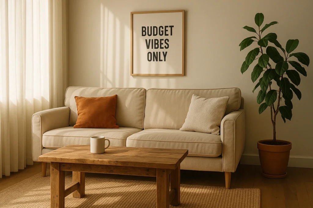 Cozy living room with thrifted furniture for frugal home furnishing