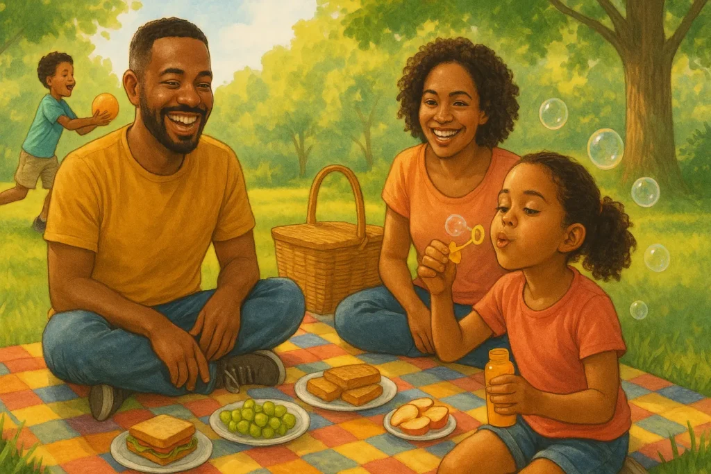 Family having a picnic with homemade snacks on a sunny frugal day out