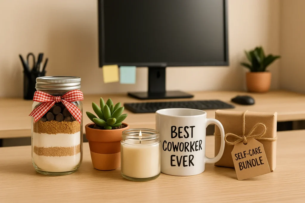 A desk with coworker appreciation gifts including a cookie mix jar with a red gingham ribbon, a small potted succulent, a lit candle, a white mug labeled “Best Coworker Ever,” and a wrapped gift box tagged “Self-Care Bundle,” with a computer monitor and keyboard in the background.