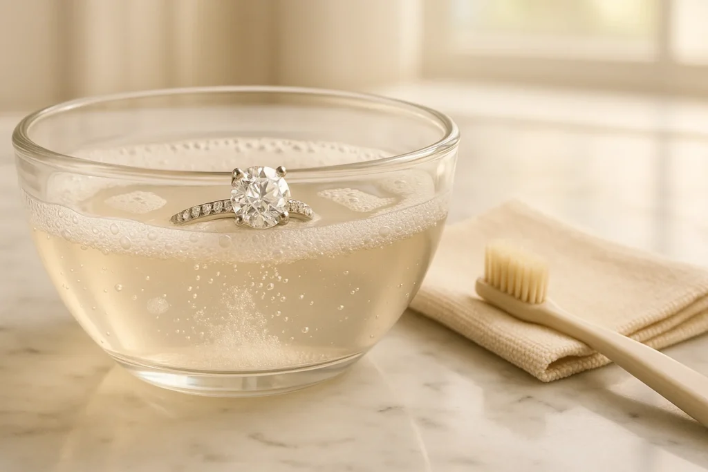 Homemade cleaning solution for jewelry sparkling on a ring