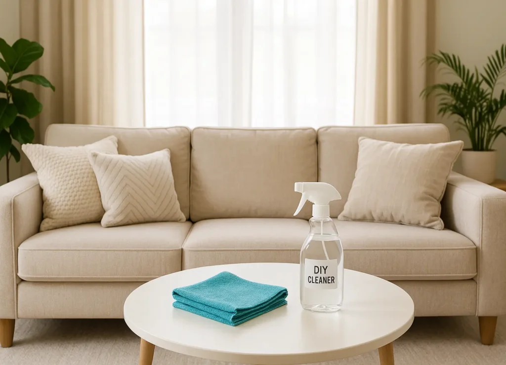 A cozy, sunlit living room with a beige fabric sofa adorned with decorative pillows, a round white coffee table in front holding a turquoise microfiber cloth and a clear spray bottle labeled "DIY Cleaner," framed by light-filtering curtains and green houseplants on either side.