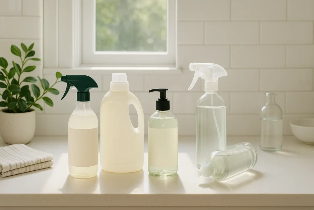 A bright, modern countertop in a white-tiled laundry or kitchen space displays an assortment of eco-friendly cleaning products in various clear and semi-opaque bottles. The bottles include spray tops, pumps, and caps, and contain light-colored liquids. A small potted plant, folded striped towels, and a window in the background enhance the fresh, natural feel.
