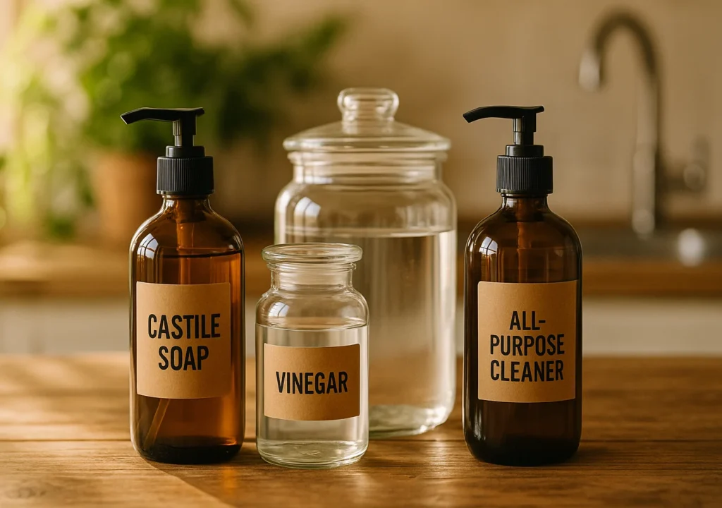 A rustic wooden kitchen countertop with clear glass jars and amber pump bottles labeled “Castile Soap,” “Vinegar,” and “All-Purpose Cleaner,” bathed in warm natural light. Soft-focus green plants and a blurred kitchen sink are visible in the background, evoking an eco-friendly lifestyle.