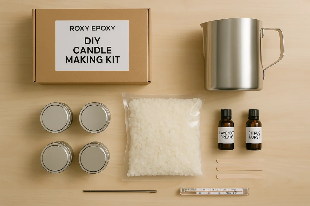 Flat lay of a DIY candle making kit labeled 'Roxy Epoxy', including a cardboard box, four metal tins with lids, a metal pouring pitcher, a bag of soy wax flakes, two fragrance bottles labeled 'Lavender Dreams' and 'Citrus Burst', a thermometer, a stirring stick, and three wooden wicks arranged on a light wooden surface.