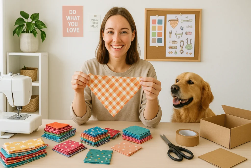 Entrepreneur starting a pet accessories business with tools and pet products