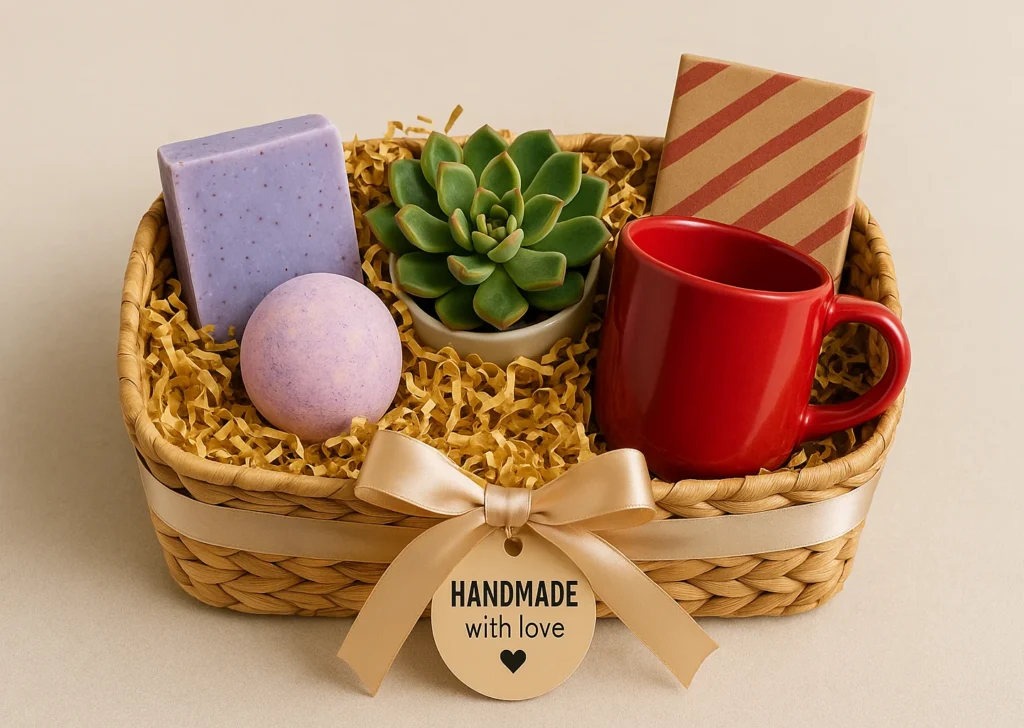 A woven gift basket on a beige table background, filled with gold crinkle paper and neatly arranged items: a lavender soap bar, a purple bath bomb, a red mug, a mini succulent in a white pot, and a striped wrapped chocolate bar. A satin ribbon with a “Handmade with Love” tag decorates the front of the basket.